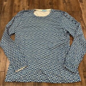 J. McLaughlin Long Sleeve Top Left Sleeve Buttons Blue White Geometric Women‎ L